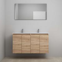 On-Line Badkamermeubelset - 120 cm - Voorgemonteerd - Greeploos 4 Deuren - Acryl Wastafel - 2 Kraangaten - Spiegel - Eiken