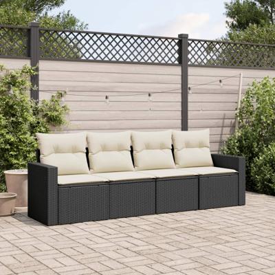 4-delige Loungeset met kussens poly rattan zwart