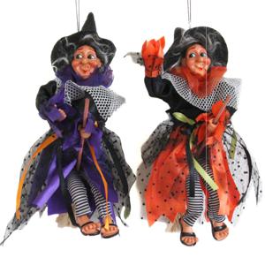 Halloween decoratie heksen pop op bezem - 2x - 25 cm - paars/oranje