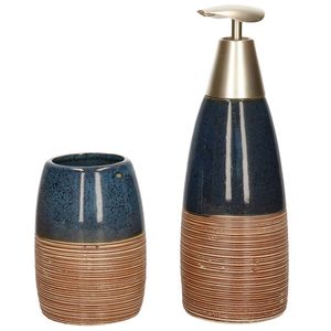 Badkamerset met zeeppompje en tandenborstel beker donkerblauw polystone 11 cm - Badkameraccessoireset