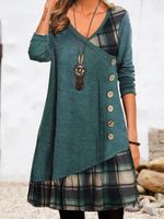 Casual Plaid Panel Loose Crew Neck Dress