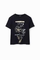 T-shirt met bloem en tekst - BLACK - M