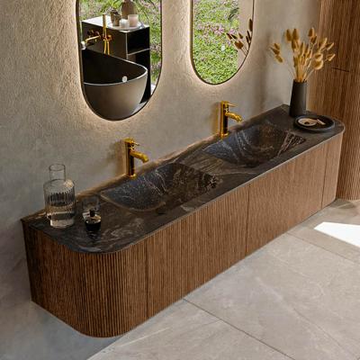 Mondiaz KURVE-DLUX 180 cm Onderkast Greeploos 2 Lades Met Deuren Walnut, Wastafel Solid Surface Dubbel Lava 2 Kraangaten Zonder Spiegel (KRVLEA180L+R2L2D2KD-Wal/Lav)