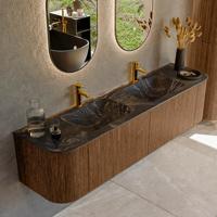 Mondiaz KURVE-DLUX 180 cm Onderkast Greeploos 2 Lades Met Deuren Walnut, Wastafel Solid Surface Dubbel Lava 2 Kraangaten Zonder Spiegel (KRVLEA180L+R2L2D2KD-Wal/Lav)