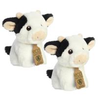 Aurora Pluche koe - 2x - zwart/wit - 13 cm - knuffeldier koe - boerderijdieren Knuffel
