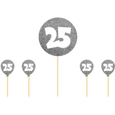 Folat Taart toppers - 5x stuks - zilver - 25 jaar - thema versiering