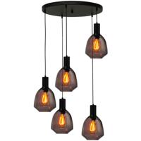 Masterlight 5-lichts vide hanglamp - zwart -Porto met Nicolette red glazen - 2712-05-05-50-5-13