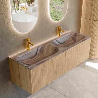 Badmeubel Mondiaz Kurve-Dlux | 140 cm | Meubelkleur Oak | Wastafelkleur Sombra | Solid surface | Wasbak beide zijden spoelbak | 2 kraangaten