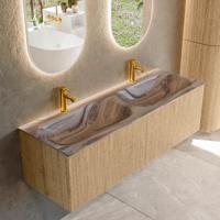 Badmeubel Mondiaz Kurve-Dlux | 140 cm | Meubelkleur Oak | Wastafelkleur Sombra | Solid surface | Wasbak beide zijden spoelbak | 2 kraangaten