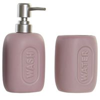 Badkamerset met zeeppompje en tandenborstel beker roze polystone 17 cm - Badkameraccessoireset - thumbnail