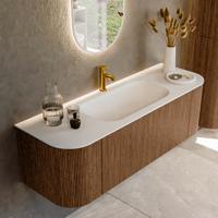 Mondiaz KURVE 140 cm Onderkast Greeploos 1 Lade Met Deuren Walnut, Wastafel Solid Surface Midden Talc 1 Kraangat Zonder Spiegel (KRVBGS140L+R1L2D1KM-Wal/Tal)