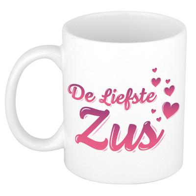 De liefste zus cadeau - koffiemok - drinkbeker - wit - met roze hartjes - verjaardagscadeau De liefste zus cadeau - koffiemok - drinkbeker - wit - met roze hartjes - verjaardagscadeau