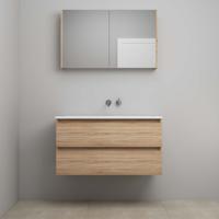 On-Line Badkamermeubelset - 100 cm - Voorgemonteerd - Acryl Wastafel - zonder Kraangat - Spiegelkast - Eiken