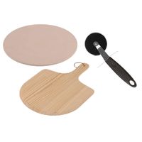 Pizzabak set pizzasteen 33 cm met houten schep en pizza snijder 19 cm - thumbnail