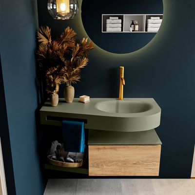MONDIAZ RIVA 100cm badmeubel onderkast / planchet kleur Washed_Oak met 1 lade. Wastafel DULCET rechts 1 kraangat kleur Army. MONDIAZ RIVA 100cm badmeubel onderkast / planchet kleur Washed_Oak met 1 lade. Wastafel DULCET rechts 1 kraangat kleur Army.