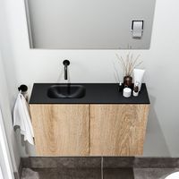 Zaro Polly toiletmeubel 80cm eiken met zwarte wastafel zonder kraangat links - thumbnail