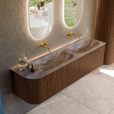 Badmeubel Mondiaz Kurve-Dlux | 165 cm | Meubelkleur Walnut | Wastafelkleur Oza | Solid surface | Dubbel / Rechts spoelbak | Zonder kraangat(en)