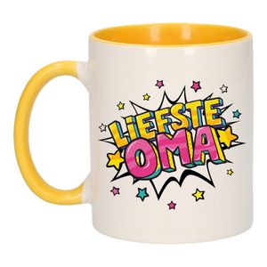 Liefste oma cadeau mok / beker wit en geel met sterren 300 ml   -