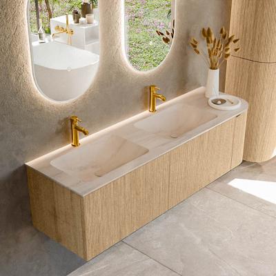 Badmeubel Mondiaz Kurve-Dlux | 155 cm | Meubelkleur Oak | Wastafelkleur Meli | Solid surface | Dubbel / Links spoelbak | 2 kraangaten
