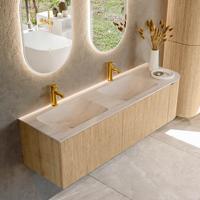 Badmeubel Mondiaz Kurve-Dlux | 155 cm | Meubelkleur Oak | Wastafelkleur Meli | Solid surface | Dubbel / Links spoelbak | 2 kraangaten