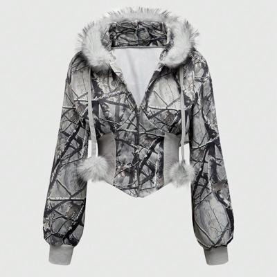 Bon&Bon Women's Grey Leopard Print Faux Fur Collar Zip Up Hoodie Multicolor-2 / XL