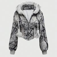 Bon&Bon Women's Grey Leopard Print Faux Fur Collar Zip Up Hoodie Multicolor-2 / XL