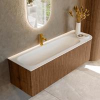 Mondiaz KURVE 145 cm Onderkast Greeploos 1 Lade Met Deuren Walnut, Wastafel Solid Surface Links Talc 1 Kraangat Zonder Spiegel (KRVBGL145R1L1D1KL-Wal/Tal)