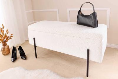 Moderne Kistbank LOFT 100cm witte Bouclé Bank met opbergruimte Gestoffeerd Zwart Metaal - 45728