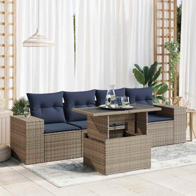 5-delige Loungeset met kussens poly rattan acacia grijs