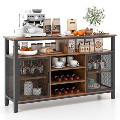 140 cm Wijnbar Kast Wijnrek voor 8 Flessen 6 Rijen Glazen Houders Metalen Gaasdeuren voor Keuken Eetkamer Woonkamer Bruin