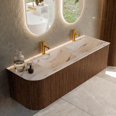 Badmeubel Mondiaz Kurve-Dlux | 145 cm | Meubelkleur Walnut | Wastafelkleur Nata | Solid surface | Dubbel / Rechts spoelbak | 2 kraangaten