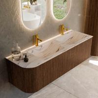 Badmeubel Mondiaz Kurve-Dlux | 145 cm | Meubelkleur Walnut | Wastafelkleur Nata | Solid surface | Dubbel / Rechts spoelbak | 2 kraangaten