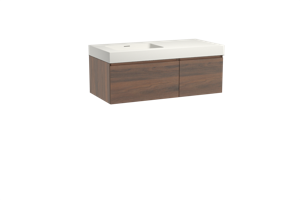 Storke Edge zwevend badmeubel 110 x 52 cm notenhout met Mata High asymmetrisch linkse wastafel in solid surface mat wit