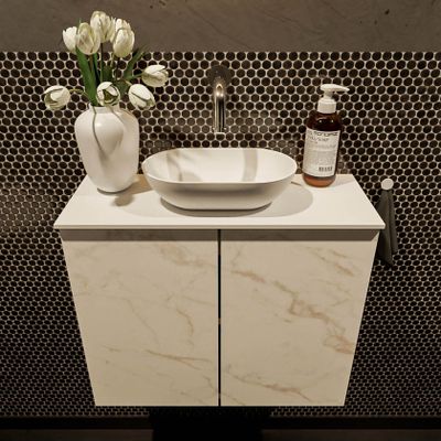 Mondiaz Fowy toiletmeubel 60cm Carrara met blad en waskom talc midden zonder kraangat