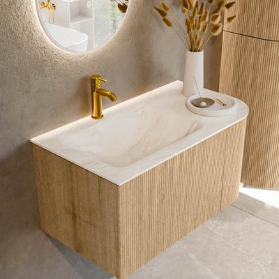 Mondiaz KURVE-DLUX 85 cm Onderkast Greeploos 1 Lade Met Deuren Oak, Wastafel Solid Surface Links Ostra 1 Kraangat Zonder Spiegel (KRVCLO85R1L1D1KL-Oak/Ost)