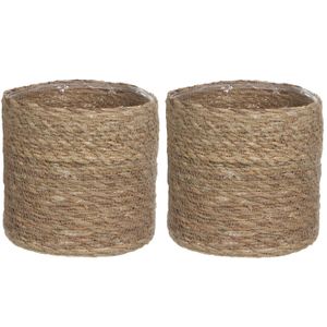 2x stuks naturel bruin rotan planten pot mand van gedraaid jute/riet H20 en D20 cm