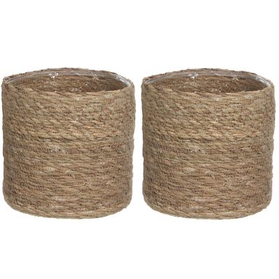 2x stuks naturel bruin rotan planten pot mand van gedraaid jute/riet H20 en D20 cm 2x stuks naturel bruin rotan planten pot mand van gedraaid jute/riet H20 en D20 cm