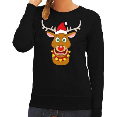 Foute kersttrui - sweater - Rudolf het rendier met rode kerstmuts - zwart - dames - Kersttruien