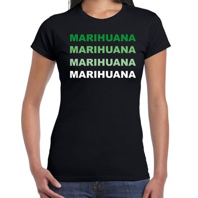 Marihuana drugs fun t-shirt zwart met groene bedrukking dames