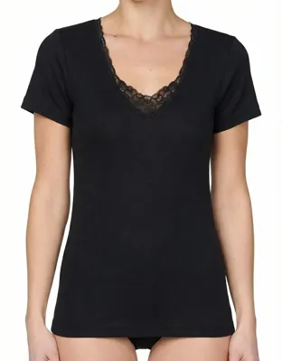 Entex dames thermo shirt korte mouw met kant - Wollen thermisch ondergoed dames