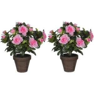 2x Groene Azalea kunstplanten roze bloemen 27 cm in pot