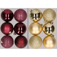 12x stuks kunststof kerstballen mix van aubergine en goud 8 cm - thumbnail