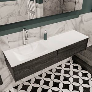 Mondiaz Lush Cloud badmeubel eiken donker bruin 150 cm 2 lades solid surface enkele spoelbak links 1 kraangat