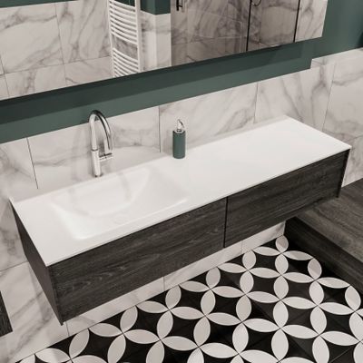 Mondiaz Lush Cloud badmeubel eiken Dark brown 150 cm 2 lades solid surface enkele spoelbak links 1 kraangat
