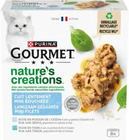 GOURMET Nature's Creations Mini Filets, rijk aan Zeevis, gegarneerd met spinazie en rijst, Rijk aan Tonijn, gegarneerd met rijst en tomaten? nat kattenvoer, 85g