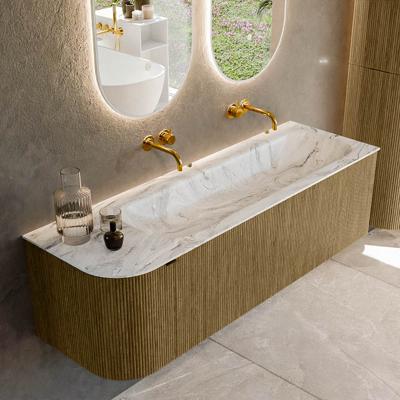 Badmeubel Mondiaz Kurve-Dlux | 145 cm cm | Meubelkleur Dusk | Wastafelkleur Glace | Solid surface | Wasbak rechter zijde spoelbak | Zonder kraangat(en)