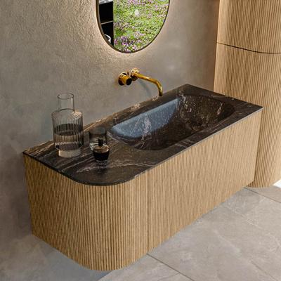 Mondiaz KURVE-DLUX 105 cm Onderkast Greeploos 1 Lade Met Deuren Oak, Wastafel Solid Surface Rechts Lava 0 Kraangaten Zonder Spiegel (KRVBGS105L1L1D0KR-Oak/Lav)