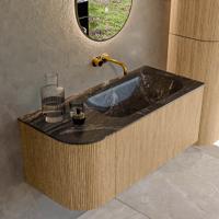 Mondiaz KURVE-DLUX 105 cm Onderkast Greeploos 1 Lade Met Deuren Oak, Wastafel Solid Surface Rechts Lava 0 Kraangaten Zonder Spiegel (KRVBGS105L1L1D0KR-Oak/Lav)