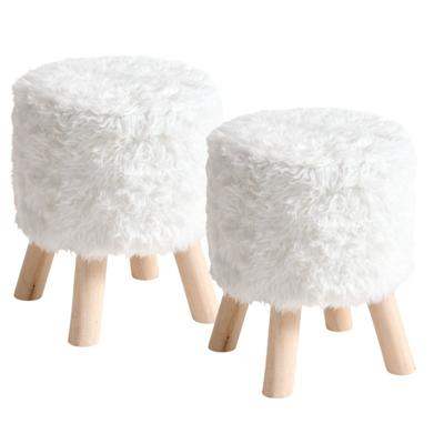 Bijzet krukje / zit krukje Teddy - 2x - houten pootjes - fluffy stof - wit - D30 x H39 cm - poefje