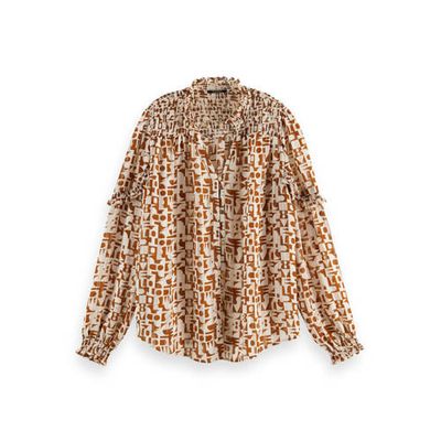 Scotch & Soda semi-transparante blouse met all over print en ruches ecru/donkerrood Scotch & Soda semi-transparante blouse met all over print en ruches ecru/donkerrood